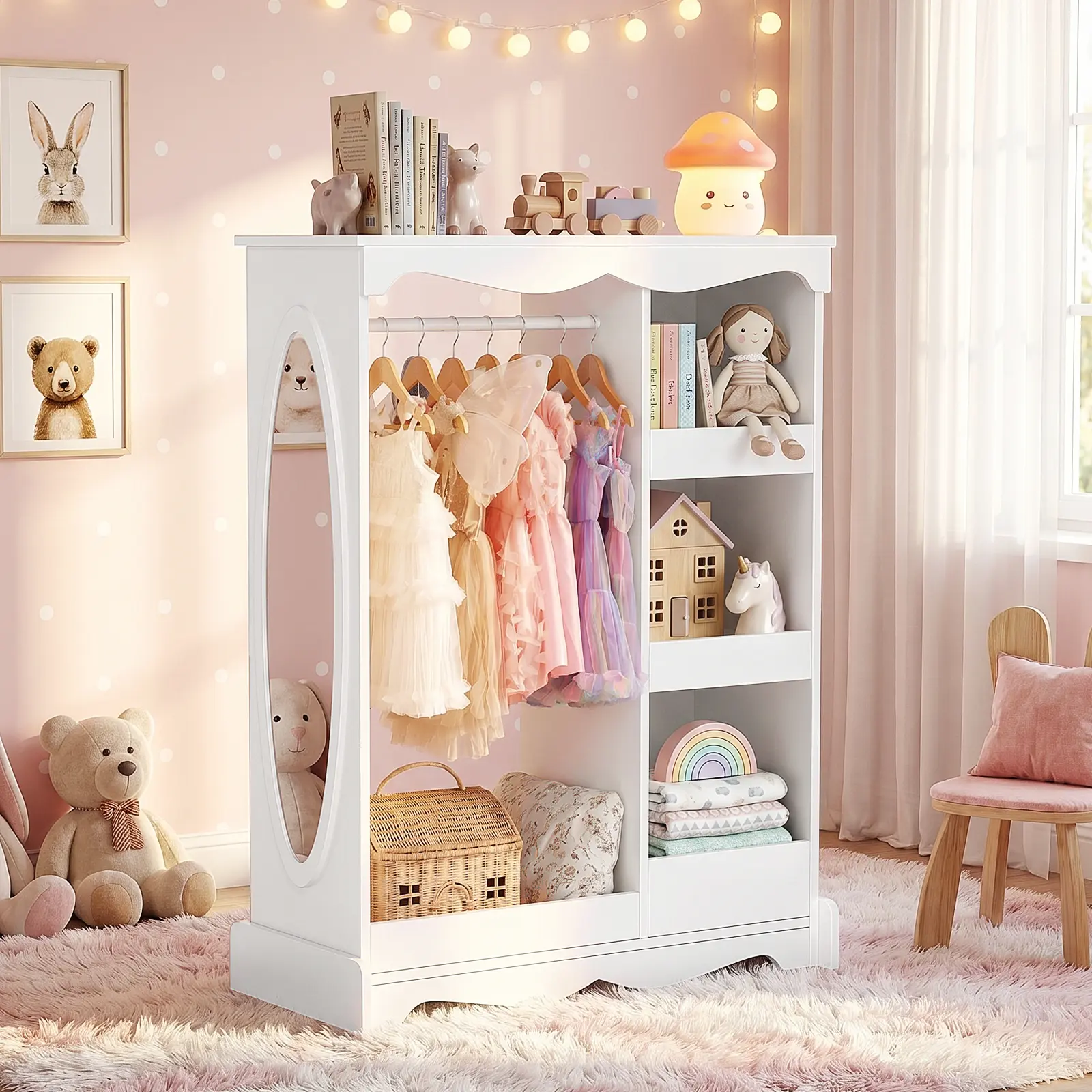 VOWNER Kids Dress Up Storage Wardrobe with Full-Length Mirror, Childrens' Closet Organizer with Hanging Rod, Shoe Rack for Bedroom Playroom