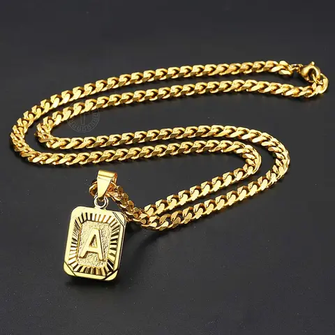 A-Z Initial Letter Pendant Necklace for Men Women Alphabet Charm Stainless Steel Curb Cuban Chain 18inch/22inch