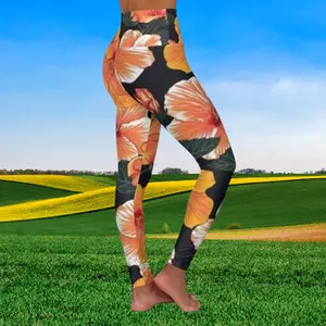 High-Waist Floral Yoga Leggings — Orange Hibiscus AOP