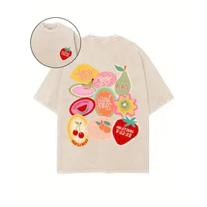 Men‘s Washed Casual Graphic T-Shirt: 230G Cotton Short-Sleeve Top, Machine Washable, Unisex Style - Fruit and Berry Print with “Merry Christmas” Text, Holiday Gift for Family and Friends