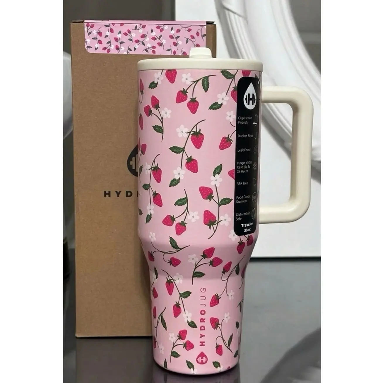 Pink Strawberry HydroJug 40 Oz Traveler | Leak-Proof Insulated Tumbler with Flip Straw & Cup Holder Fit Flasks Lid Drinkware Leakproof Tumbler