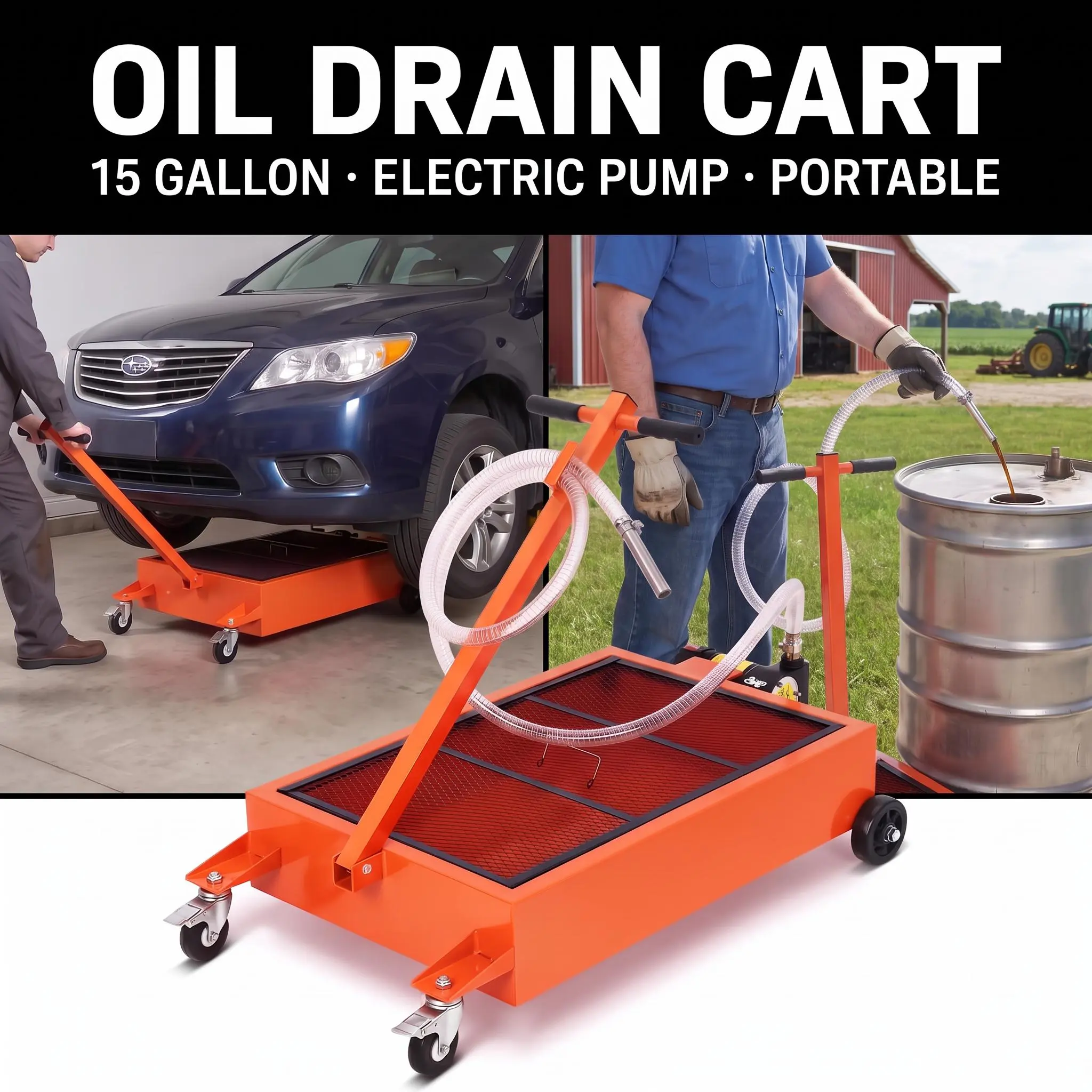 GARVEE Oil Drain Pan-20/15 Gallon Low Profile  with Pump (Electric/Manual Options),Heavy Duty Portable Waste Fluid Drain Tub with 8ft Hose & Folding Handle for Trucks, SUVs, Cars,car accessories