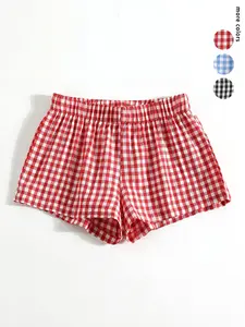 Summer Plaid Elastic Waist Shorts for Women, Casual Loose-Fitting Home Wear, Multiple Colors Available, Essential for Teen Girls
