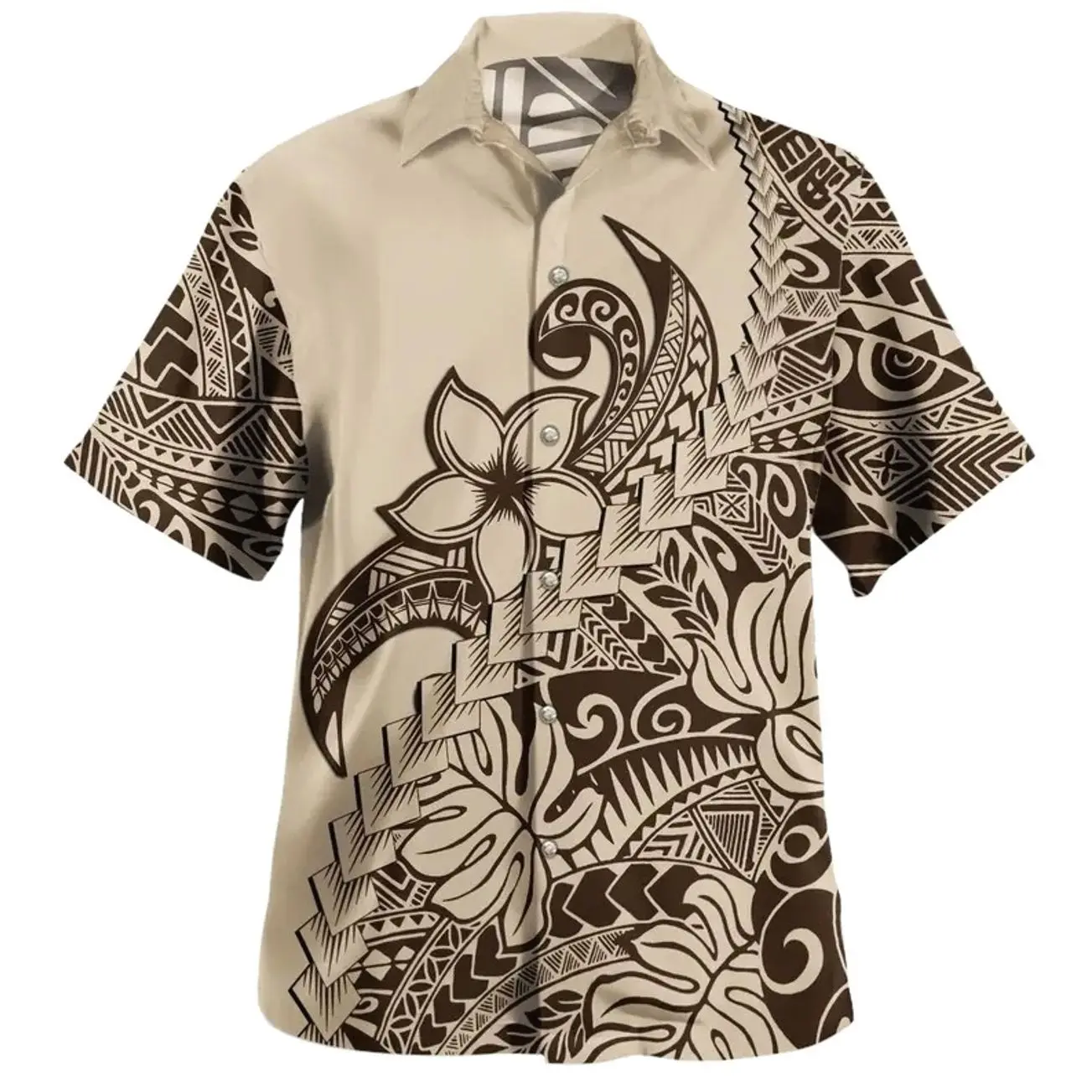 Traditional Polynesian Tribal Pattern Hawaiian Shirt, Brown Samoan Tattoo Graphic Button Down Top, Mens Tropical Island Luau Outfit, Maori Cultural Heritage Clothing, Summer Beach Vacation Shirt, Casual Floral Tribal Surf Wear