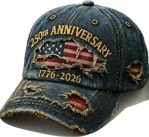 USA 250th Anniversary Distressed Casual Cap 1776-2026 Patriotic Theme Cotton Back Adjustable Metal Buckle Closure Patriotic Legend Hat Embroidery Vintage Denim