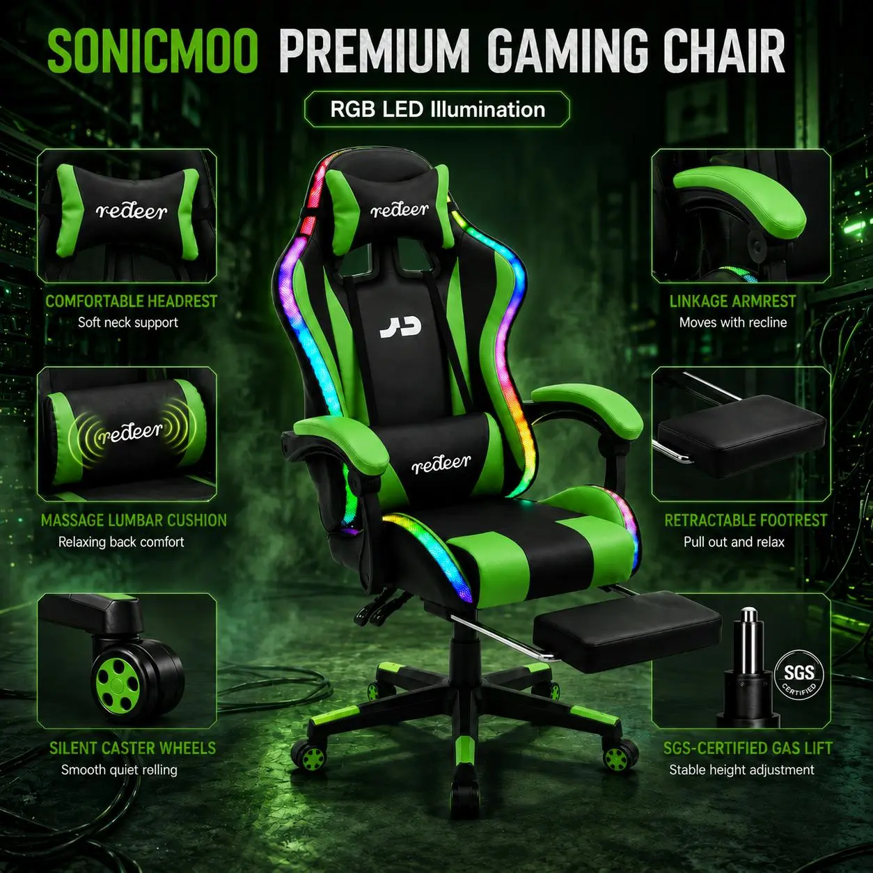 Redeer Ergonomic 400 lbs Capacity RGB Lighting PU Leather Gaming Chair, High Back Perforated Reclining Swivel Computer Seat with Footrest, Lumbar Cushion, Headrest, Adjustable Arms, Assembly Required, 1×Installation Manual, Portable Outdoor Lawn Option Er