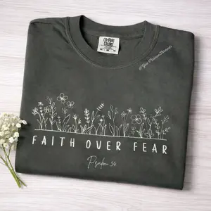 Faith Over Fear Embroidered Wildflower Comfort Colors Tee | Psalm 34 Christian Shirt