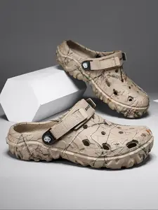 Men's Plant Print Holey Shoes, Indoor Outdoor Casual Sandals, All Seasons Comfortable Slide Slippers, Beach Entertainment Footwear