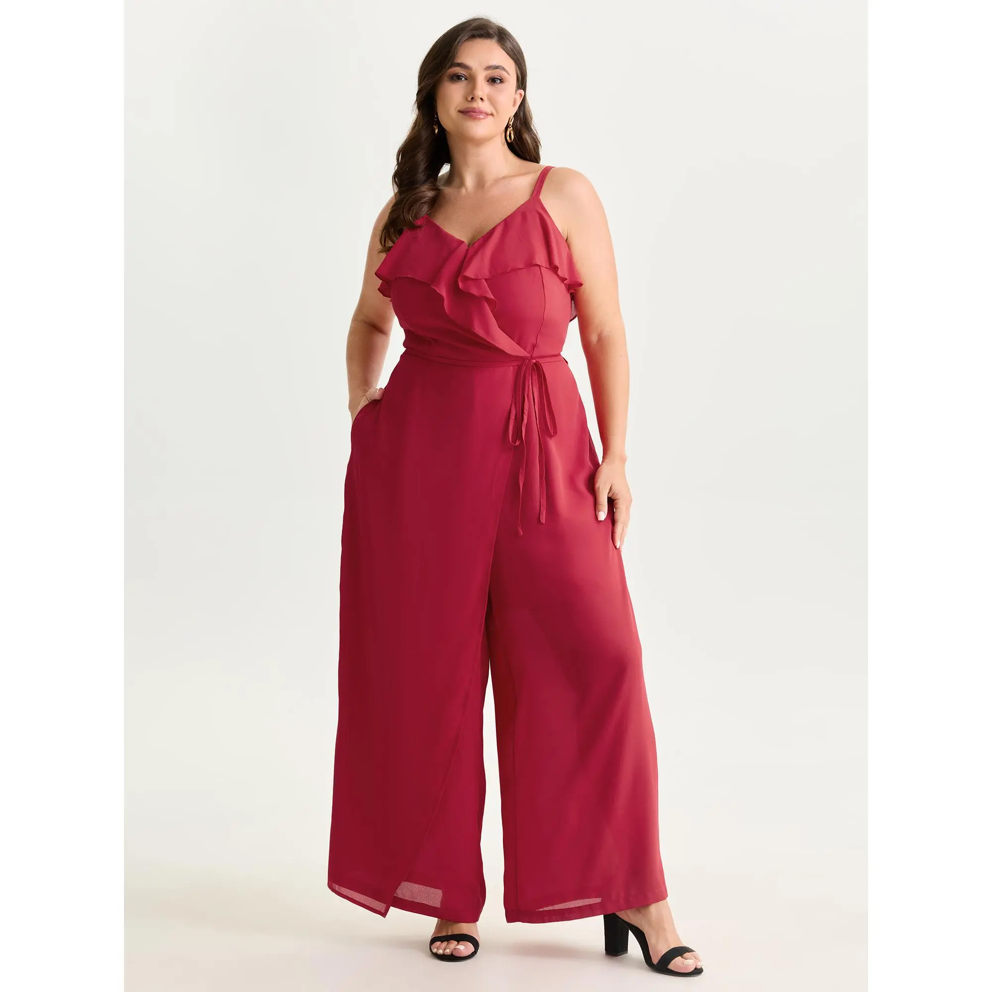 BloomChic Women's Plus Size Romantic Jumpsuit, Fitted Solid Polyester Fabric with a Wrap Front, Layered Ruffle Sleeves and Pockets, Overalls, Garment, Smooth, Low Iron, Multi-Size, Ruffle Wrap, Jumpsuits For Women, Side Pockets, Lady, Basic, Cute Overalls