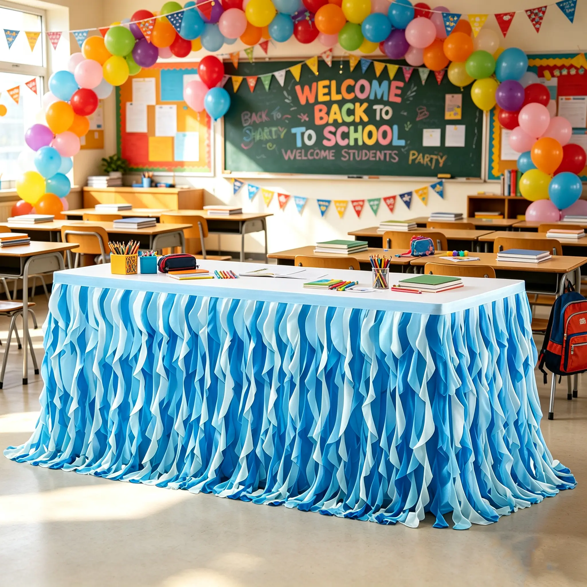 Only Covers Front of 6/9FT Table Nautical Ocean Blue Tulle Table Skirt with Curly Ruffles, Rectangle Willow Table Skirting for Under the Sea Baby Shower, Mermaid Birthday & Party Decor
