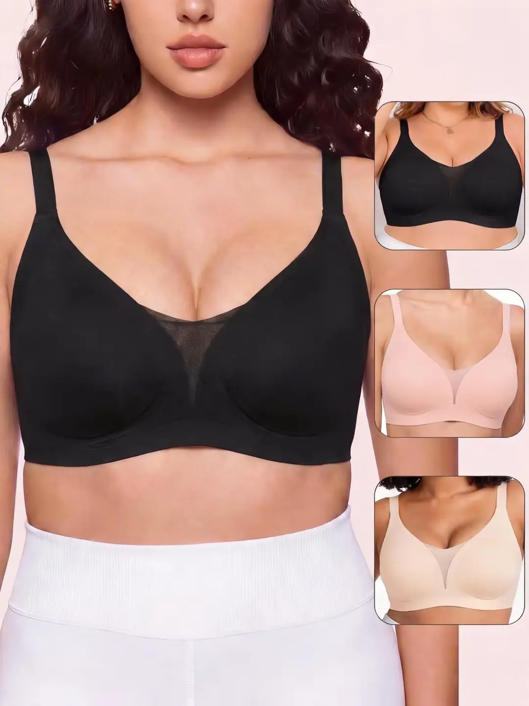 TryWish 3 pieces Jelly Comfortable Wireless Bras Push Up Bralettes Seamless Tshirts Bras Deep V Everyday Bras