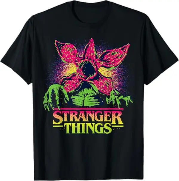 Women's Plus Size Cotton Crew Neck Short-Sleeve Knit Graphic T-Shirt - Stranger Things Season 5 Retro Video Game Demogorgon Print Top, Sizes L-5XL