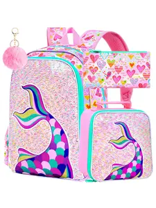 3PCS Mermaid Tail Sequin Backpack Set for Girls - Pink Rainbow Sequins + Lunch Box + Pencil Case, Kids Elementary School Bag