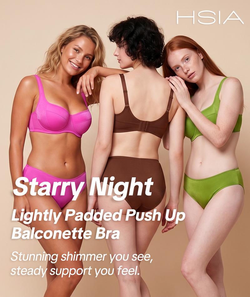 HSIA Starry Night 4mm Lightly Padded Plus Size Lifting Support Add 0.5-1 Cup Size Balconette Bra Underwire Glass Shimmer Fabric U Shaped Back Smoothing Wider Padded Straps Sexy Demi Low Cut Natural Push Up for Big Bust Women Daily Lingerie