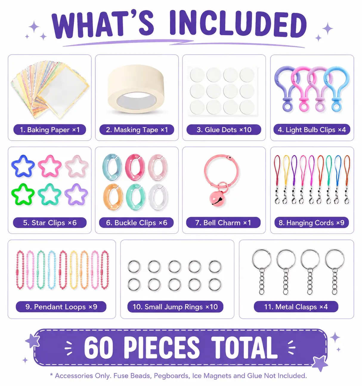 Stellabead Fuse Bead Craft Kits Variety Pack - 60-Piece DIY Beading & Jewelry Making Accessories Set with Mix-Match Keychain Parts, Charms, Loops, Hanging Cords