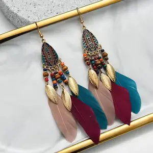 Boho Seed Bead Long Tassel Earrings Feather Earrings