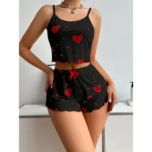 Women's Sexy Heart Print Frill Trim Ribbed Pajama Set, Round Neck Backless Crop Cami Top & Shorts, Comfortable Relaxed Fit