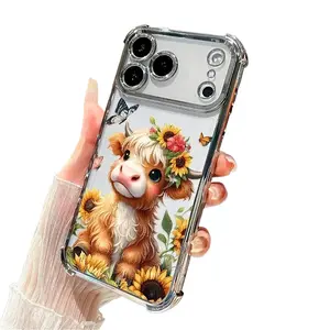 Compatible For iPhone 17 Pro Max 16 15 Plus Air 14 13 12 Case Flower - Crowned Cow Dream Pattern Clear Protective Four Corners Air Cushion Anti-drop Shockproof Protection Cellphone Casing