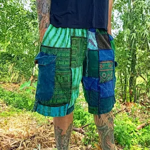 Patchwork Shorts 100% cotton gender neutral hippy style handmade baggy long cargo shorts. Elastic waist
