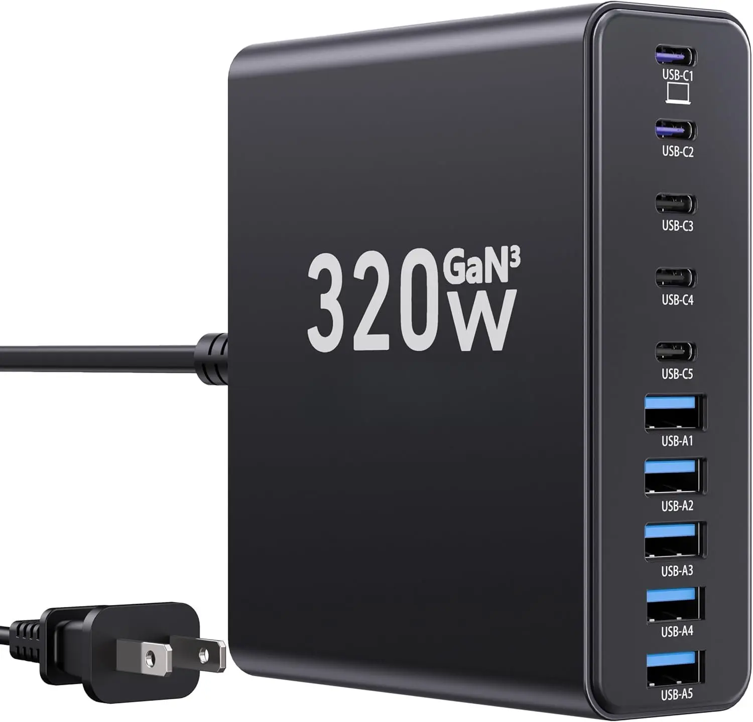 320W USB C Portable Charger Block Plug, 10-Port GaN III PD 65W Fast Charger Adapter for MacBook Pro/Air, Tablets, Smartphone, Cellphone, iPad, Galaxy Black