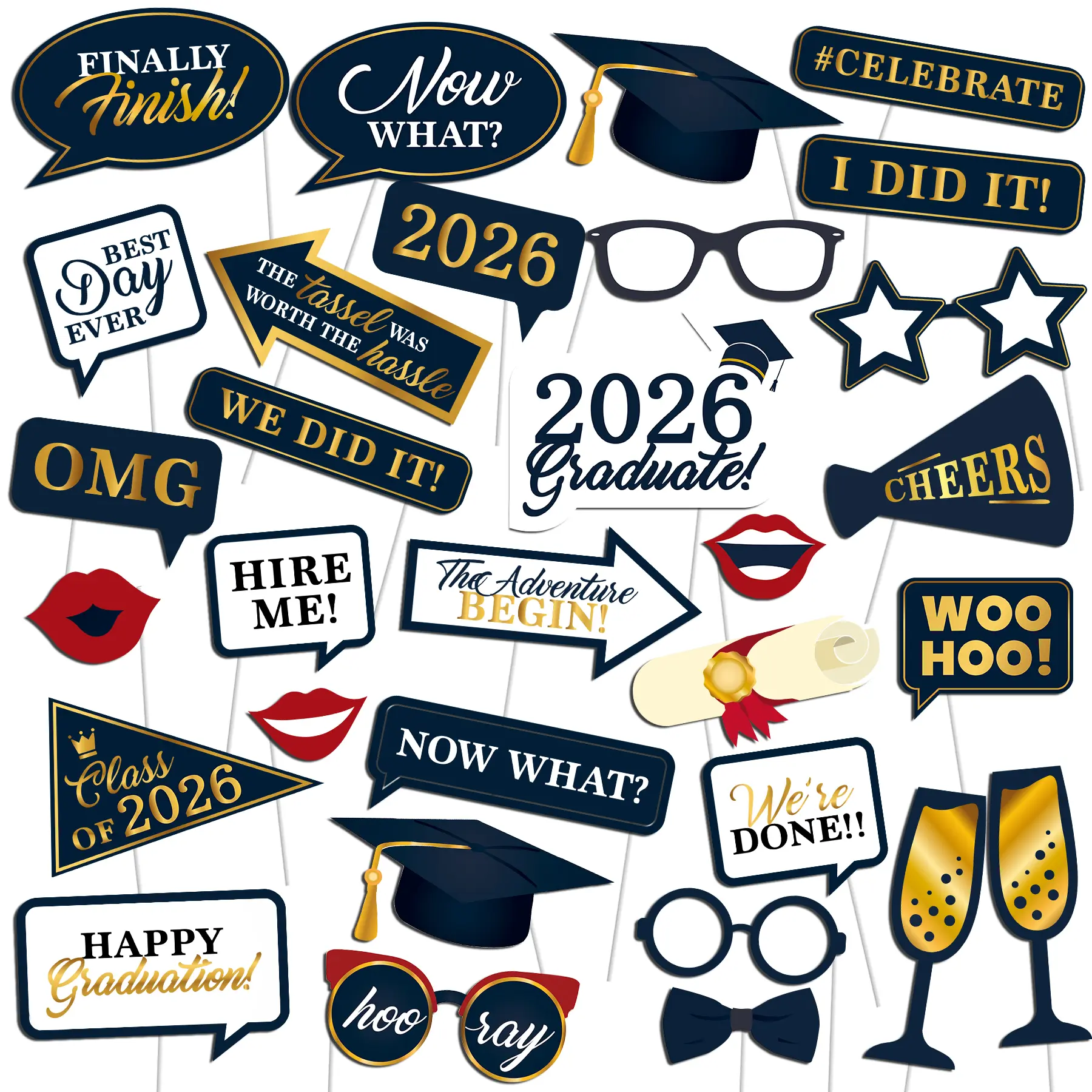 Graduation Photo Booth Props, Blue Black Red Gold Graduation Decorations for Congrats Grad Party Supplies, Upgraded Version with Long Stick, 2026 Grad Party Pose Sign-32Pcs