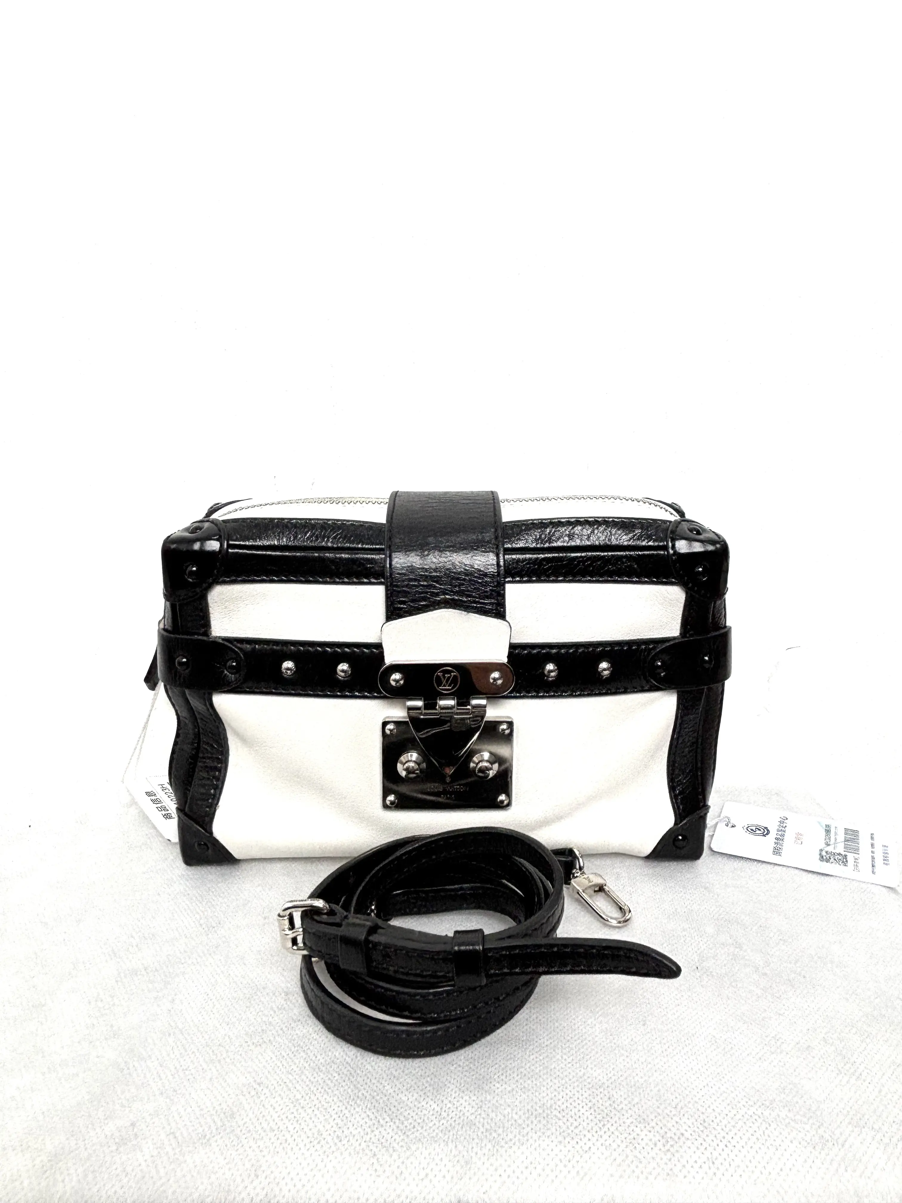 Pre-owned Louis Vuitton LV Soft Trunk Black & White Leather Suitcase with Beige Interior and Silver Hardware