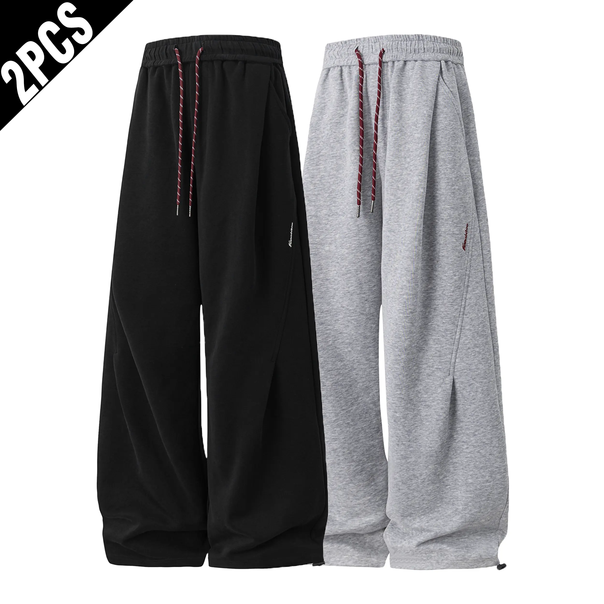 Men's 2-Pack Contrast Red Drawstring Wide Leg Fleece Sweatpants, Adjustable Cuff Loose-Fit Baggy Hip Hop Streetwear Casual Track Trousers, Casual Wear, Machine Wash Sport Pants, Baggy Sweatpants, Track Pants