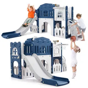 8-in-1 Toddler Climber and Slide Playset, Indoor Outdoor Playground for Kids Ages 1-3, Non-Toxic HDPE Slide with Crawl Tunnel Basketball Hoop & Toy Storage, Sturdy L-Shape Activity Center Kids Birthday Gift