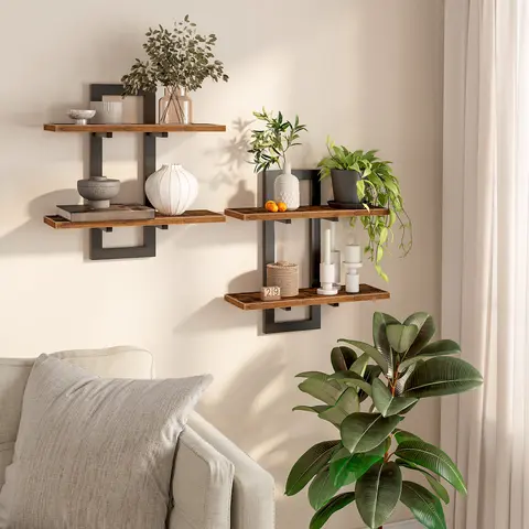 HOOBRO Industrial 2-Tier 15in Metal Wall-Mounted Floating Shelves (Set of 2), Rustic Brown & Black Hollow Bookshelf, Wall Mounted Organizer with Easy Installation for Bedroom Home Decor