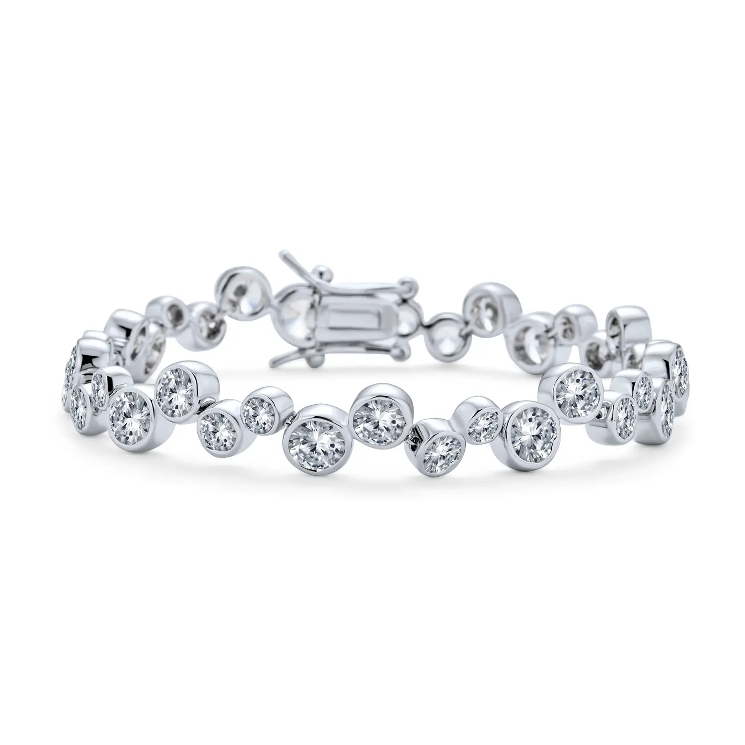 Modern Zigzag CZ Round Bezel Set Bubble Tennis Bracelet Silver Plated