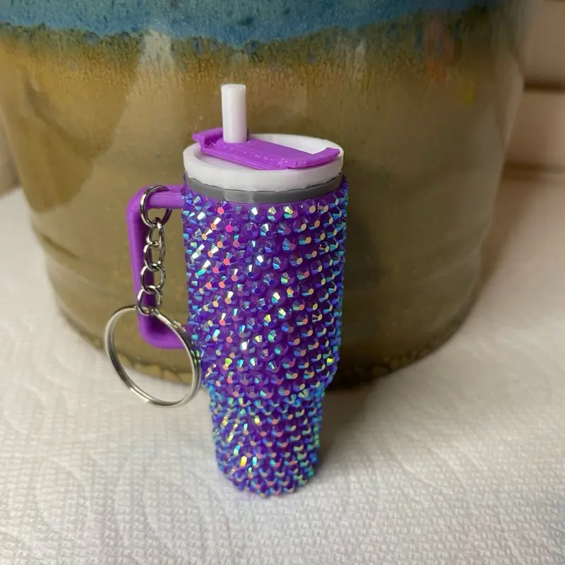 Mini Vasito Llavero with Handmade Stones Purple Glitter Design Keychain Drinkware