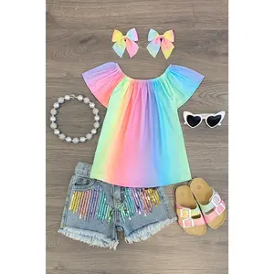 Pastel Rainbow Sequin Denim Short Set Pastel Rainbow Sequin Denim Short Set