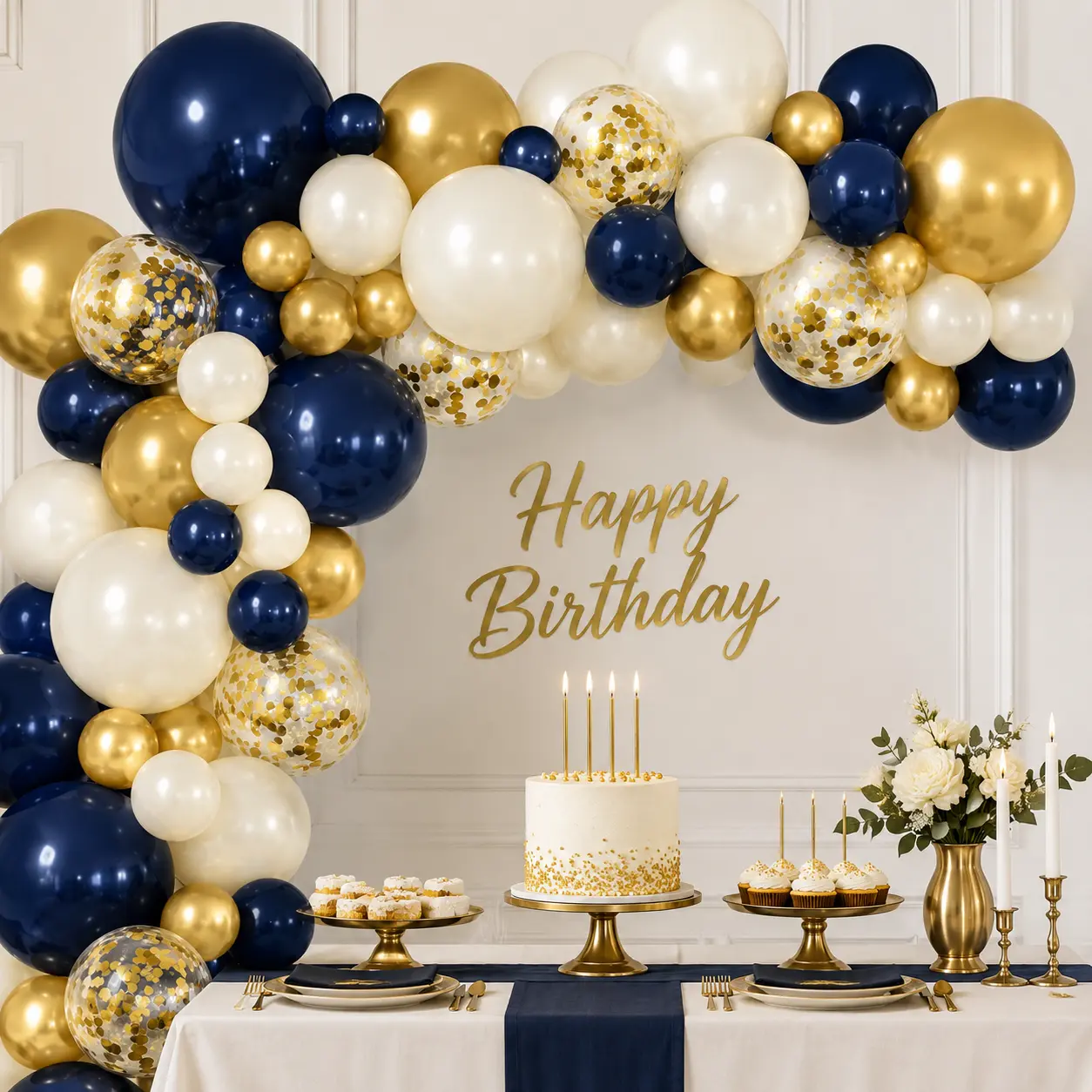 125PCS Blue and Gold Balloon Garland Kit, Metallic Chrome and Confetti Latex Balloons Set, 10/5 Inch Party Balloons for Birthday, Wedding, Baby Shower, Graduation and Holiday Decorations