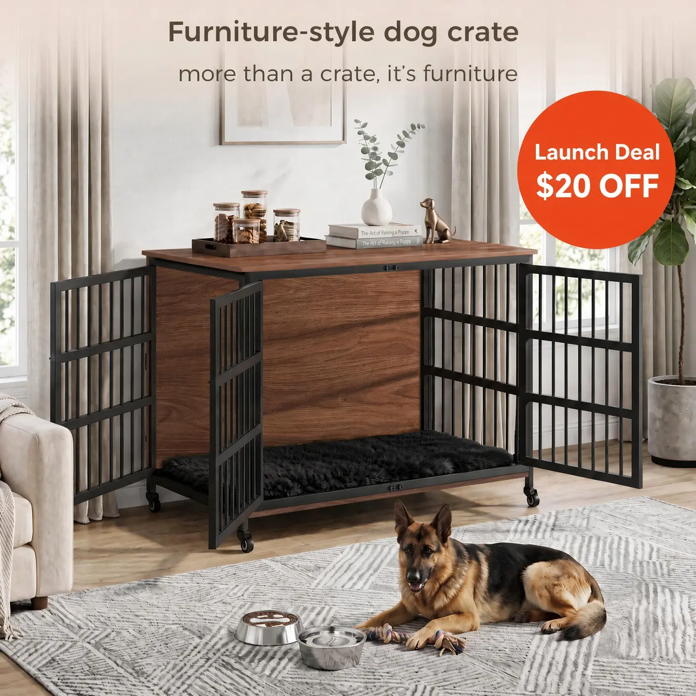 Galogo Dog Crate Furniture 32"/42"/46" Sizes with Storage Top Wooden Dog Kennel with Wheels, White & Black Cage & Brown Finish, Indoor Dog Crate for Home