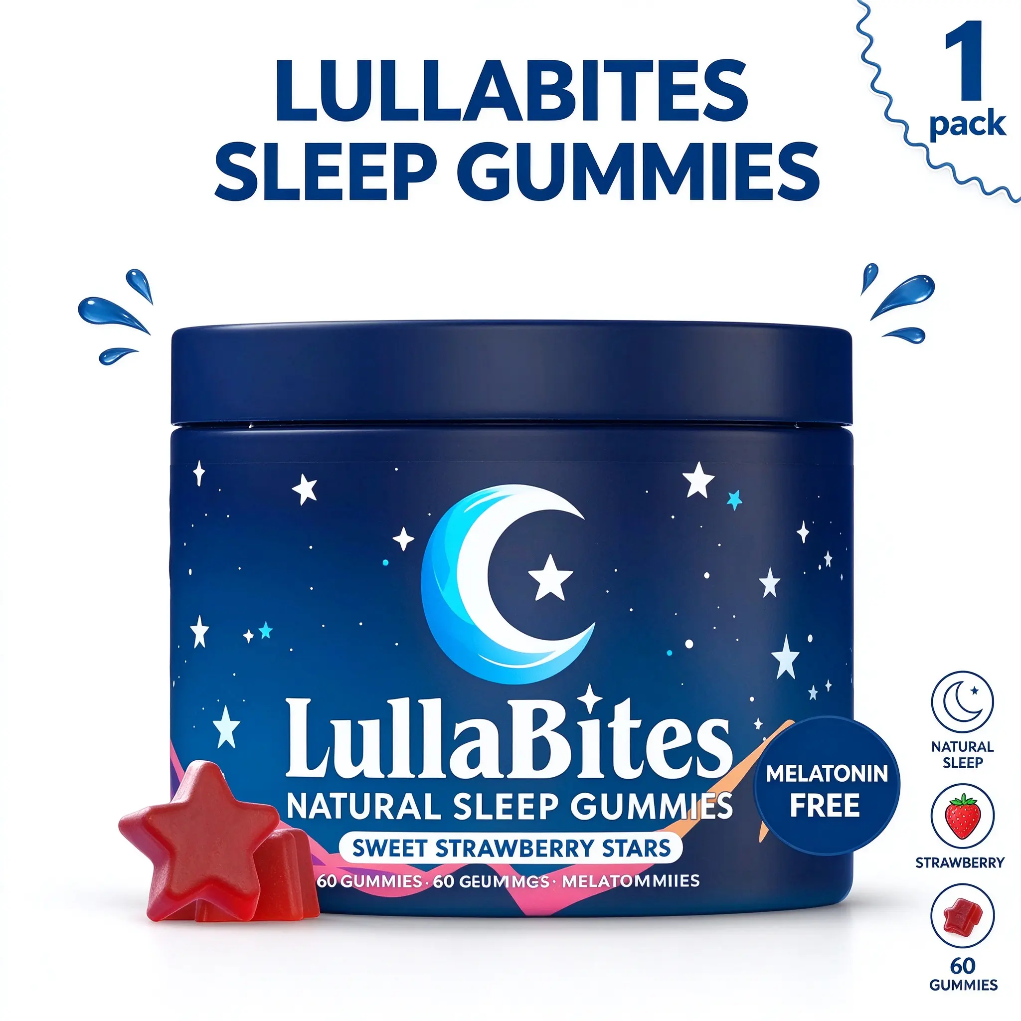LullaBites Natural Sleep Gummies - 30 Servings -HE Sweet Strawberry Stars (Melatonin Free)