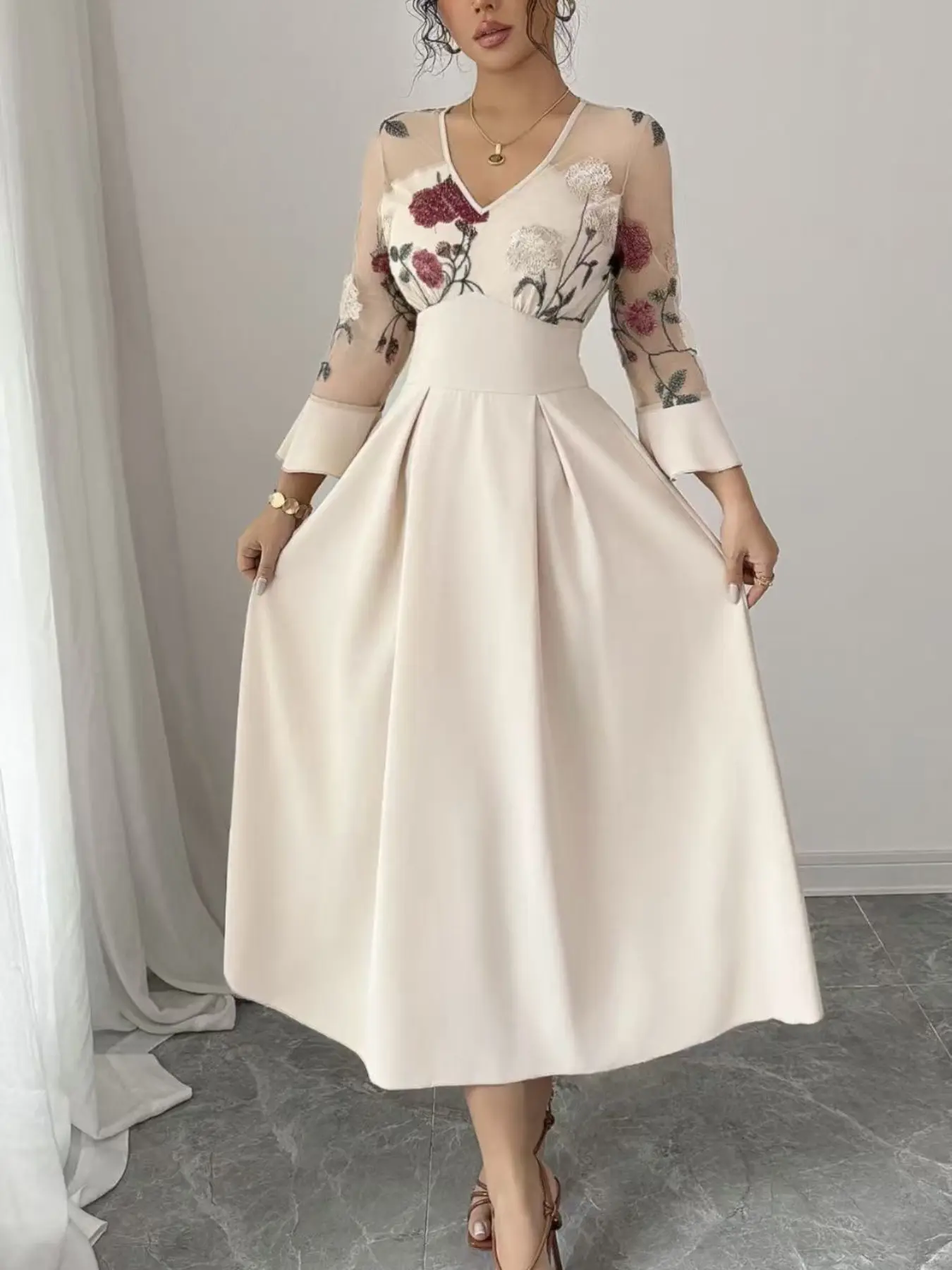 Elegant Chic Rice Peach Mesh Rose Embroidery Dress, V Neck Flared Sleeve Waist Cinched Midi Dress, Formal, Perfect for Daily Commute and Dates