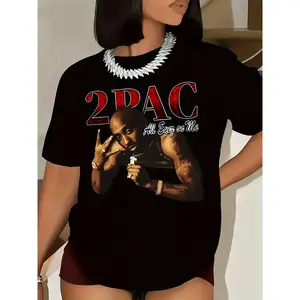 Women'S Tupac Graphic Print Short Sleeve T-Shirt - Machine Washable Regular Fit for Spring Summer Fall, Cute Short Sleeve Tops, Seasonal Versatile Shirt, Bold Letter Pattern, Highelasticity Fabric