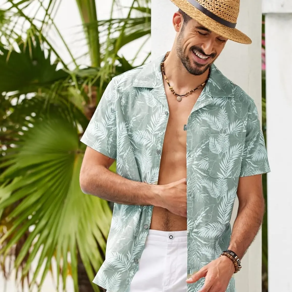 coofandy B Summer Beach Vacation Shirt Men's Short sleeved Summer Front Bag Personalized Novel Print Casual Fun Cotton Shirt Hippy Street Linen Shirt