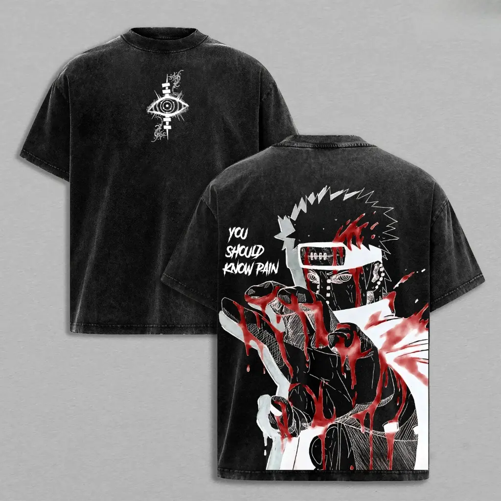 Men's Pain Nagato Naruto Shippuden Akatsuki Rinnegan Vintage Washed Heavy Cotton Oversized Apparel, Soft Round Neck Shortsleeve Tshirt, Double Printed Retro Unisex Streetwear Graphic Top, Seamless
