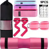 9 Pcs Barbell Pad Set, Barbell Squat Pad for Hip Thrusts, Lunges, Leg Day with 2 Gym Ankle Straps, 3 Hip Resistance Bands, 2 Lifting Strap, Barbell Pad and Carry Bag