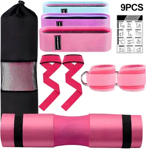 9 Pcs Barbell Pad Set, Barbell Squat Pad for Hip Thrusts, Lunges, Leg Day with 2 Gym Ankle Straps, 3 Hip Resistance Bands, 2 Lifting Strap, Barbell Pad and Carry Bag