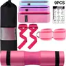 9 Pcs Barbell Pad Set, Barbell Squat Pad for Hip Thrusts, Lunges, Leg Day with 2 Gym Ankle Straps, 3 Hip Resistance Bands, 2 Lifting Strap, Barbell Pad and Carry Bag