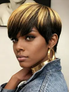 1B/27 Ombre Color Pixie Cut Wig Short Straight Human Hair Wigs for Women Full Machine Made Wig 150% Density 6Inch Stylist Friendly Wig
