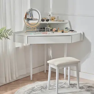 Dreamzon Modern Corner Makeup Vanity Desk with Large Storage, LED Mirror & Stool, Brightness Adjustable, Space-Saving for Small Places, White