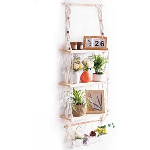 Wall Hanging Shelves Macrame Boho Floating  Photos Storage Rack  Shelf with Hooks for Bedroom Living Room Bathroom (3tier Shelves)