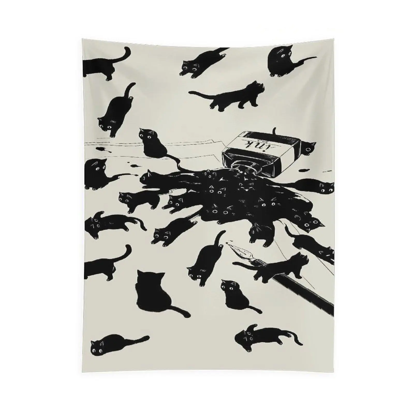 Cute Black Cat Tapestry Wall Hanging, Minimalist Ink Cat Illustration, Whimsical Animal Aesthetic Room Decor, Cozy Bedroom Living Room Decoration