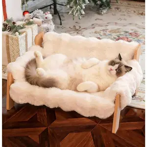 Elevated Cat Couch Bed for Indoor Cats, Wooden Cat Sofa with Removable Washable Fluffy Cover Raised Kitty Lounge Chair Suitable for Puppy