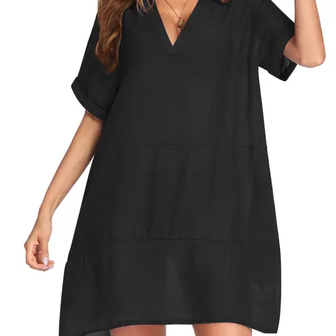 Zeagoo Women's V-Neck Short-Sleeve Sheer Cover-Up Blouse - Breathable Light Polyester, Exquisite Tassel Decoration, Casual Elegant Swim-To-Lounge Wear, Coverups for Bathing Suits, Matches Any Suit, Black Beachwear Shirts, Dresses for Women