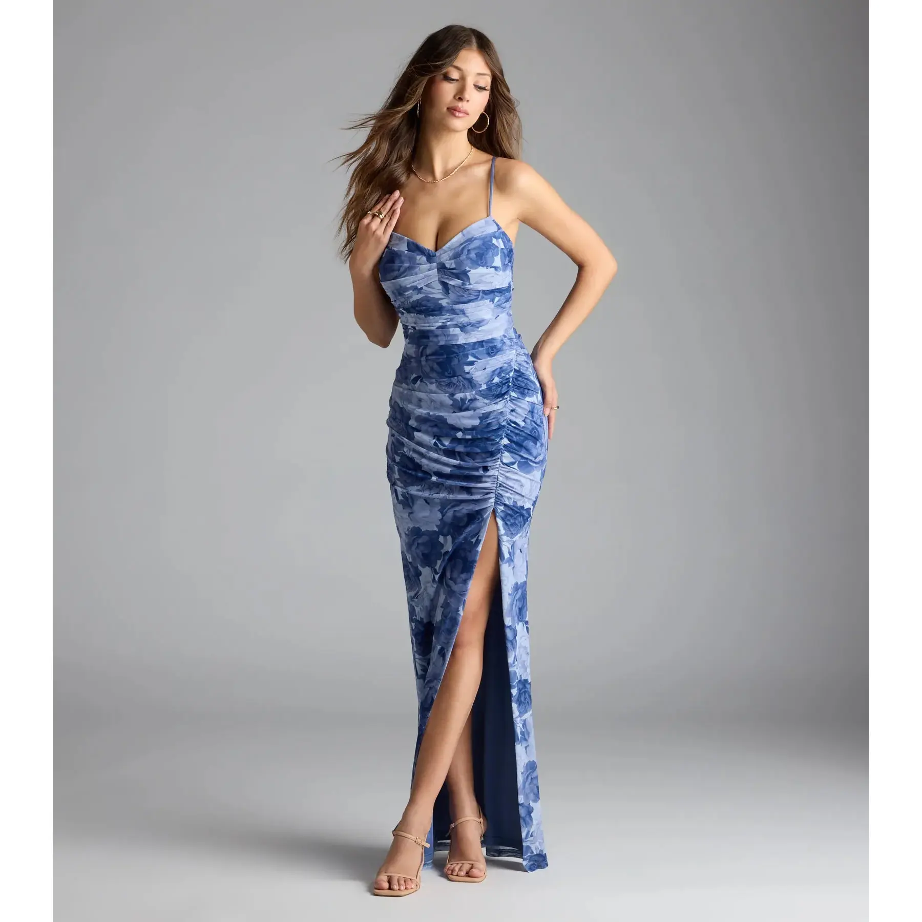 Claudia Lace-Up Slit Floral Formal Dress