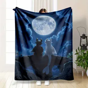 Toothless and Light Fury Dragon Moonlit Flan Blanket Movie Inspired Artwork Print Ultra Soft Cozy Warm Lightweight Perfect for Sofa Couch Bed Home Decor Gift for Fans All Seasons Living Room Bedroom Movie Nights summerwins